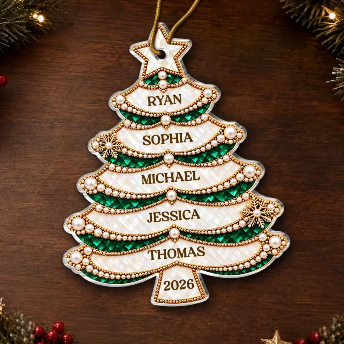 Personalized Layered Family Name Tree Acrylic Ornament - close-up or held view of the personalized ornament design