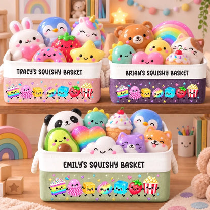 Named squishy-toy basket examples in light pink, purple and green