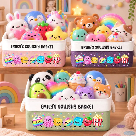 Named squishy-toy basket examples in light pink, purple and green