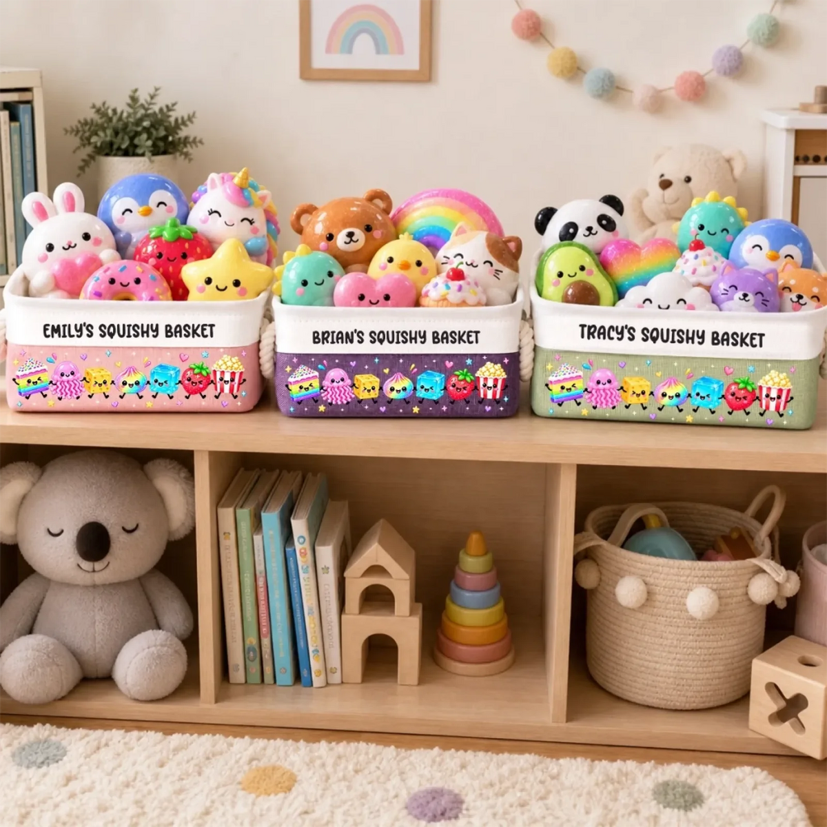 Three named squishy-toy baskets displayed on a playroom shelf