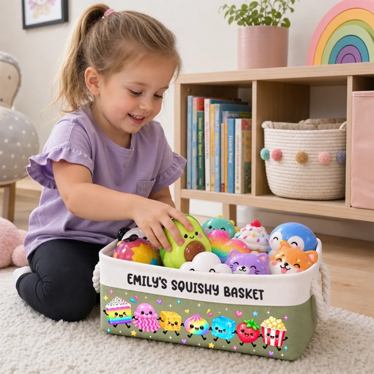 Green Emily squishy-toy basket beside a child in a playroom