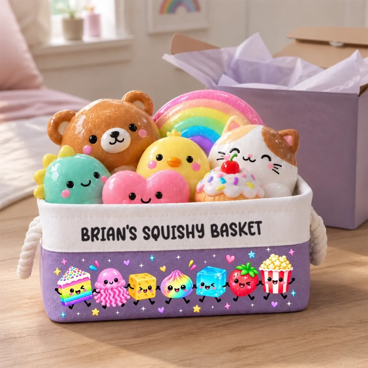 Purple Brian squishy-toy basket with rope handles