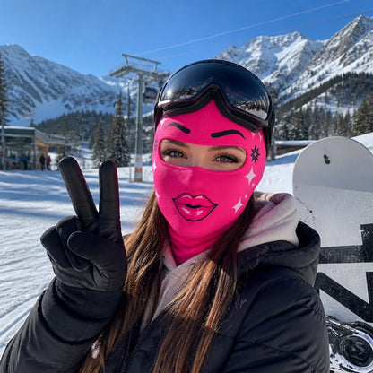 Hot Pink Lips print balaclava worn by a model, showing the eye opening, printed brows and star accents