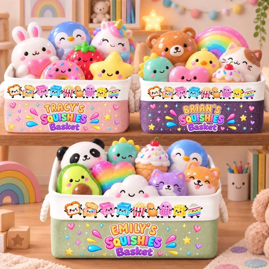 Squishies name storage-basket design examples in light pink, purple and green