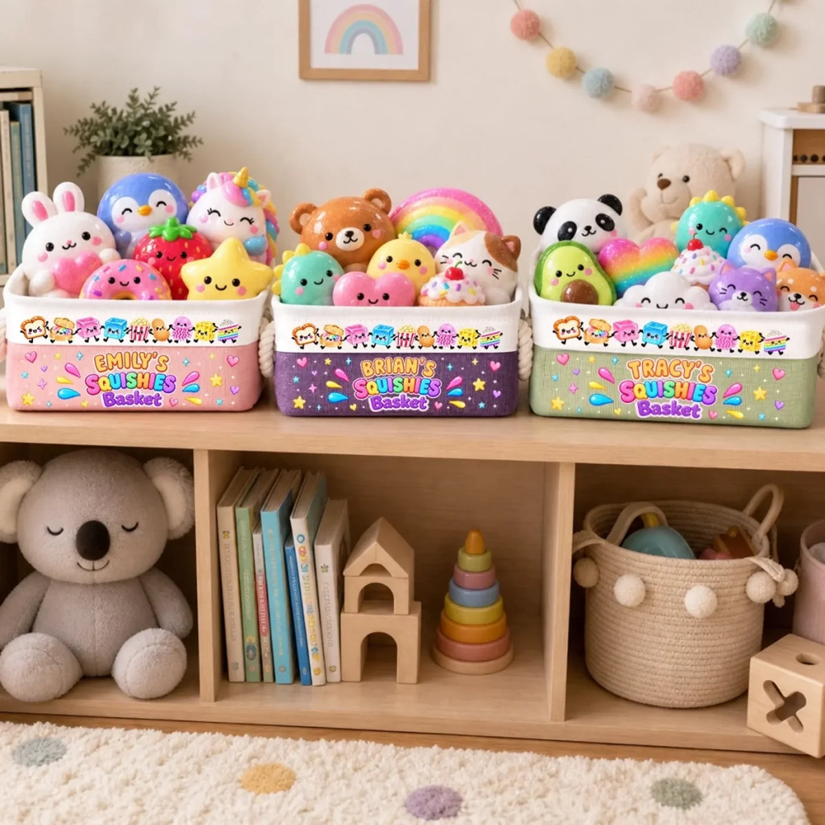 Three color examples of personalized Squishies storage baskets