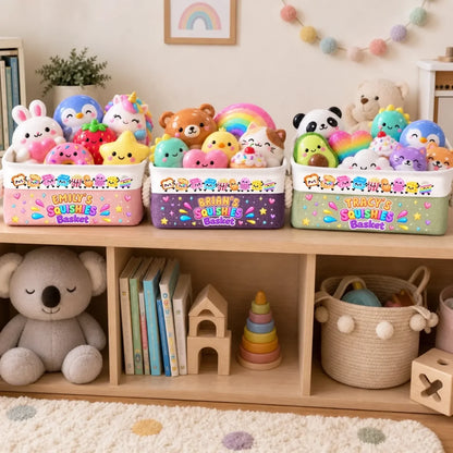 Three color examples of personalized Squishies storage baskets