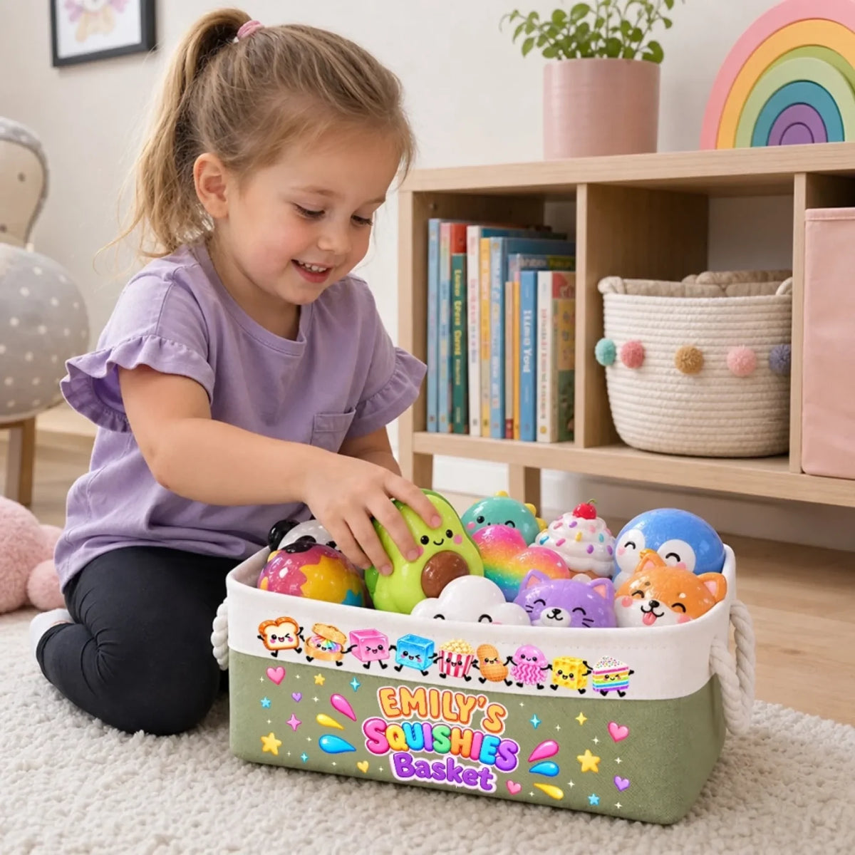 Green Squishies name storage basket in a playroom