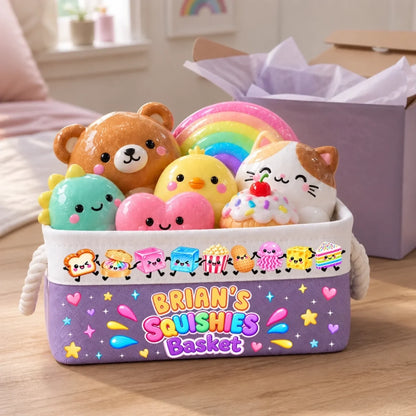 Purple Squishies name storage basket close-up