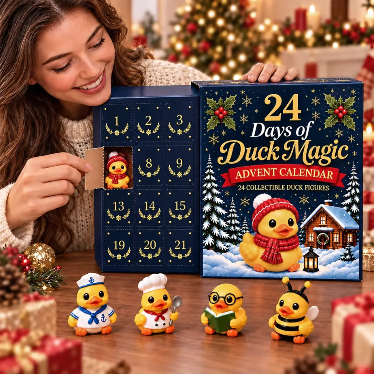 Duck advent calendar with numbered doors and four figure examples