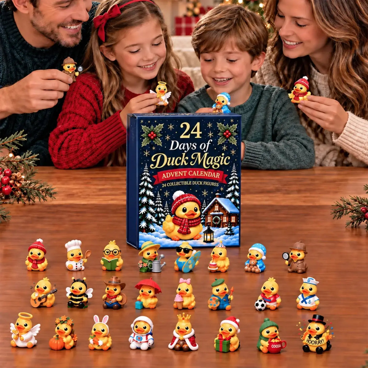 Family displaying a Duck Magic Advent Calendar and duck figures