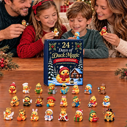 Family displaying a Duck Magic Advent Calendar and duck figures