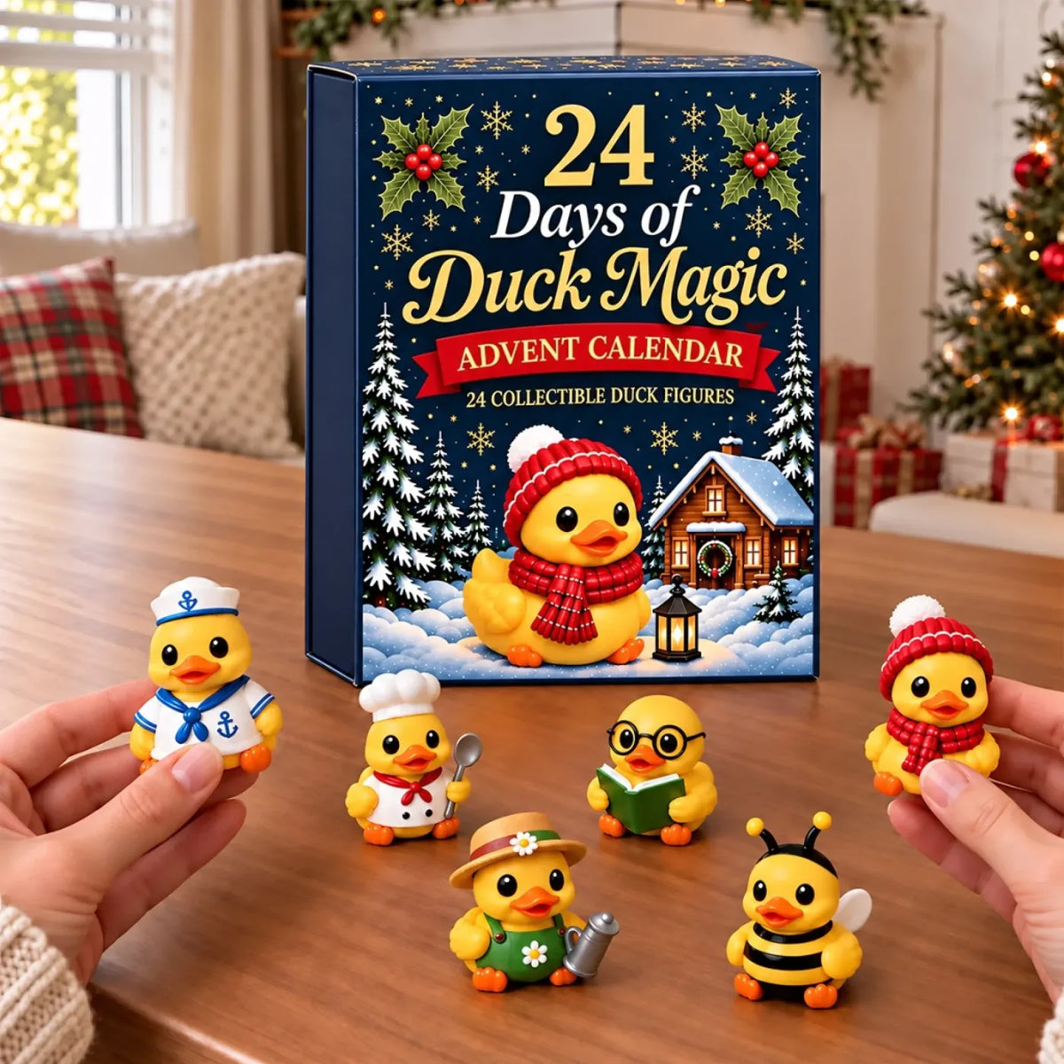 Close-up of themed duck figures beside the calendar box