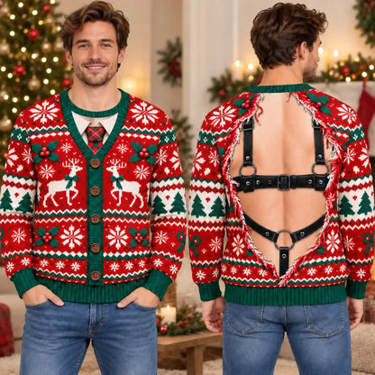 Front and back of red Christmas sweatshirt with printed cardigan and harness illusions