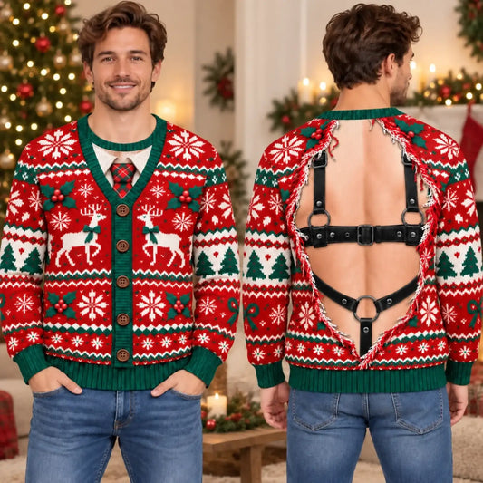 Front and back of red Christmas sweatshirt with printed cardigan and harness illusions