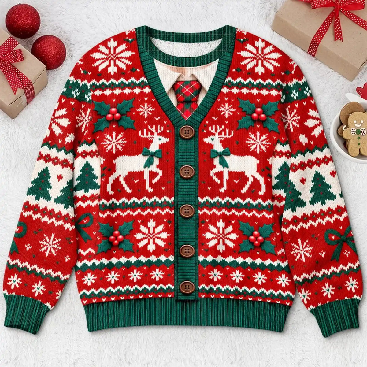 Front of red Christmas sweatshirt with flat printed buttons, tie, reindeer and snowflakes