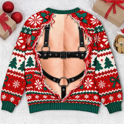 Back of red Christmas sweatshirt with flat printed skin-tone and black harness artwork