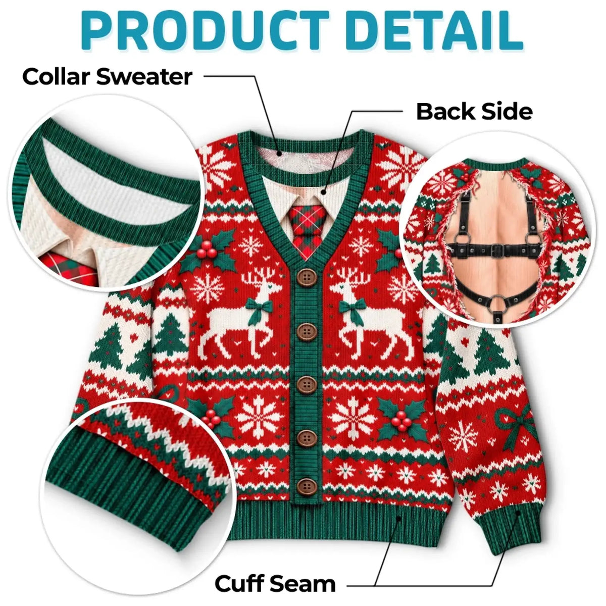 Detail views of the red cardigan-illusion sweatshirt neckline, cuffs and printed back