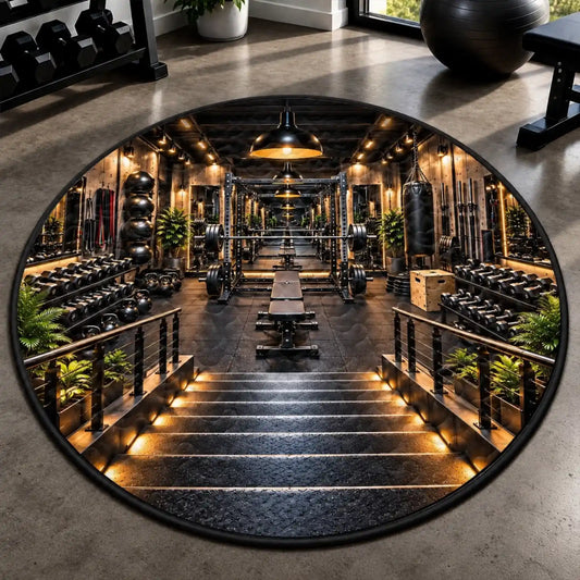 Round mat with fixed gym staircase-illusion artwork and weightlifting equipment