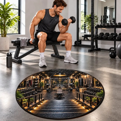 Gym staircase-illusion round mat displayed beside a workout bench