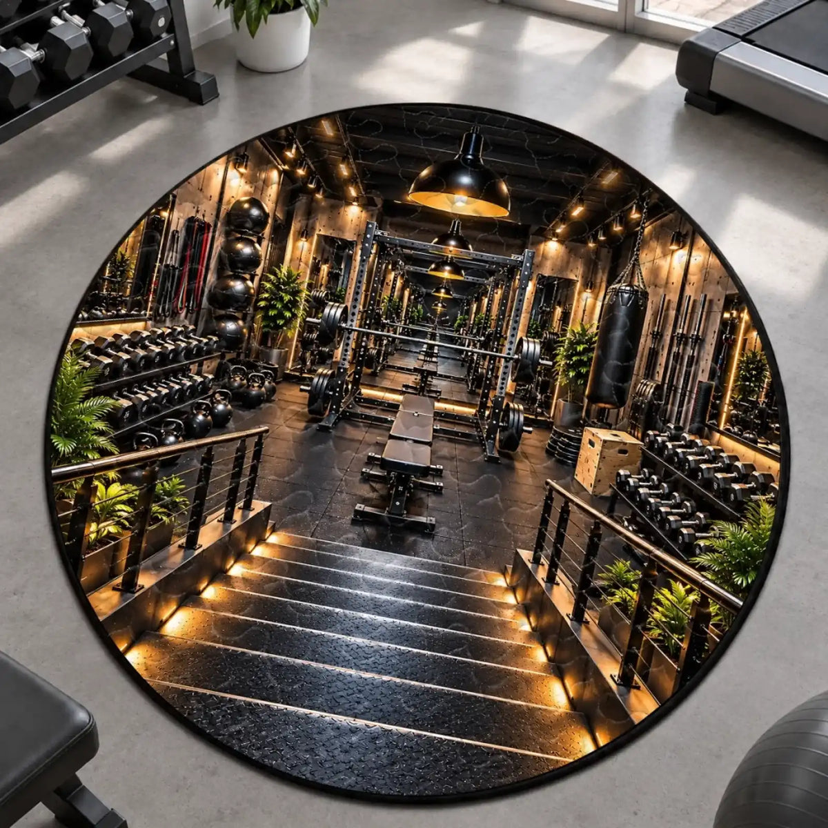 Overhead view of round mat with printed gym stairs and equipment