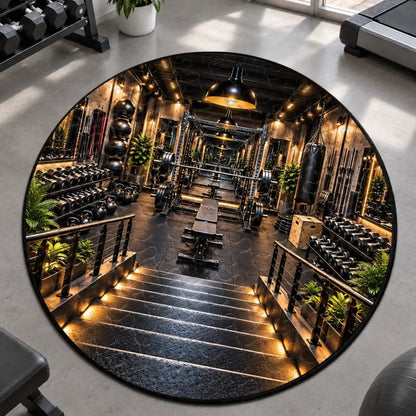 Overhead view of round mat with printed gym stairs and equipment