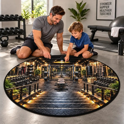 Gym staircase-illusion round mat shown in a home fitness room