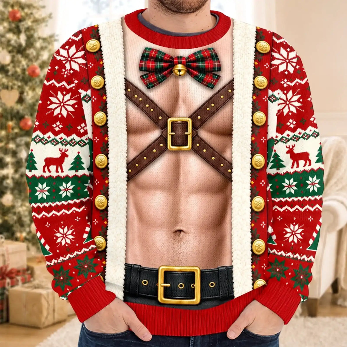 Man-design red elf sweatshirt with printed plaid bow tie and crossed straps