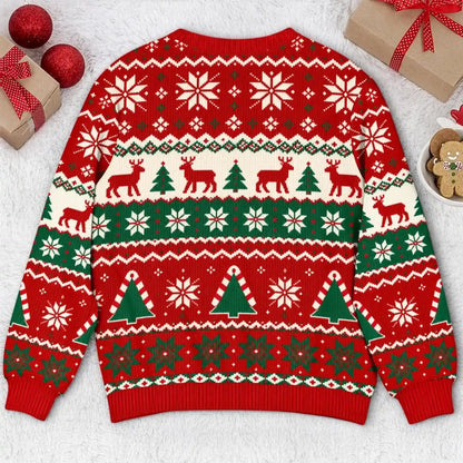 Back of red elf sweatshirt with reindeer, tree and snowflake pattern