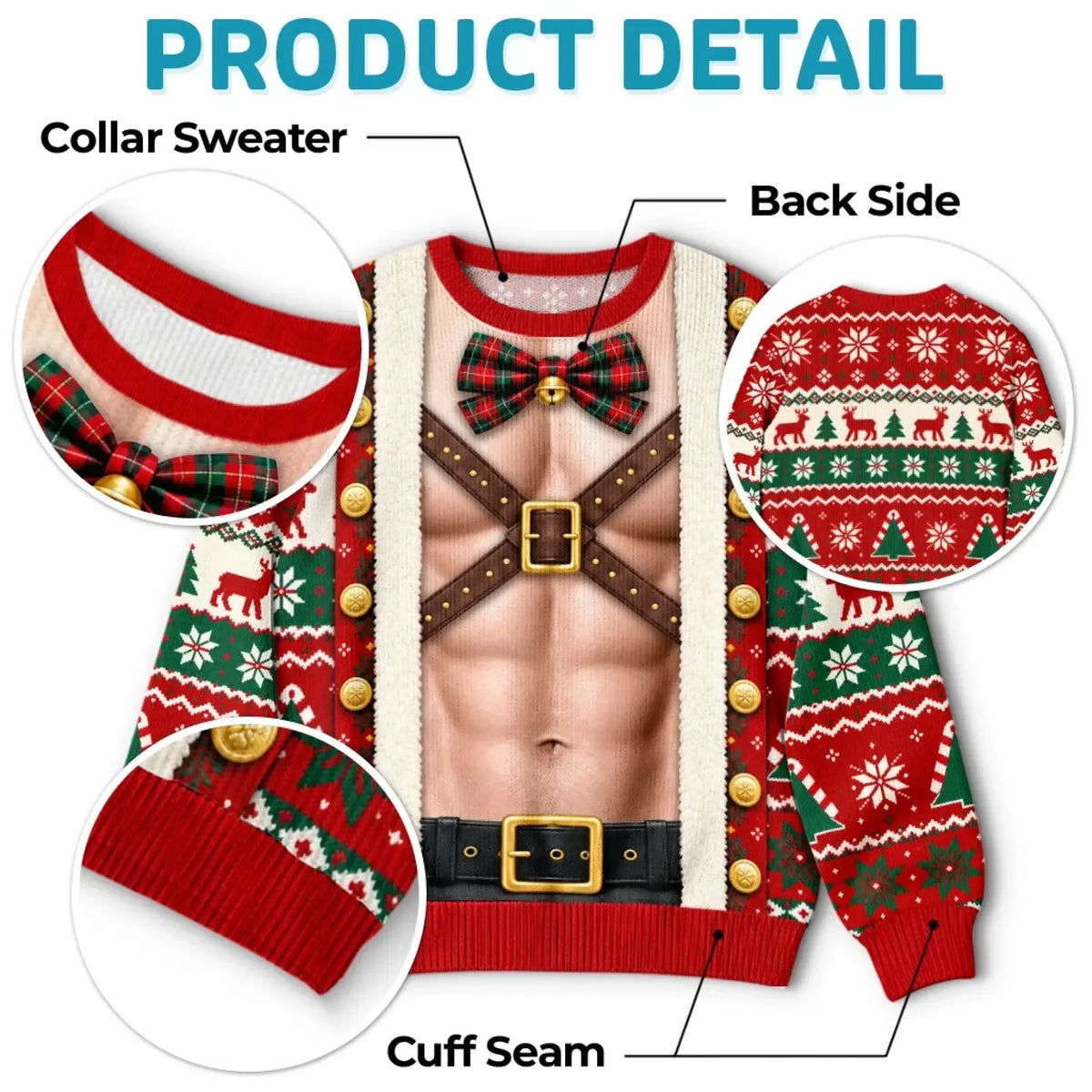 Red elf sweatshirt detail guide showing collar, cuffs and patterned back
