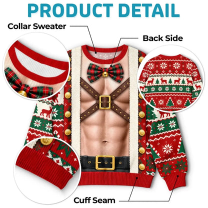 Red elf sweatshirt detail guide showing collar, cuffs and patterned back