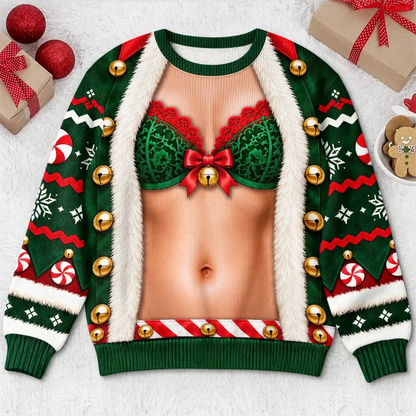 Flat front of Woman-design green holiday sweatshirt with printed bodice and bow