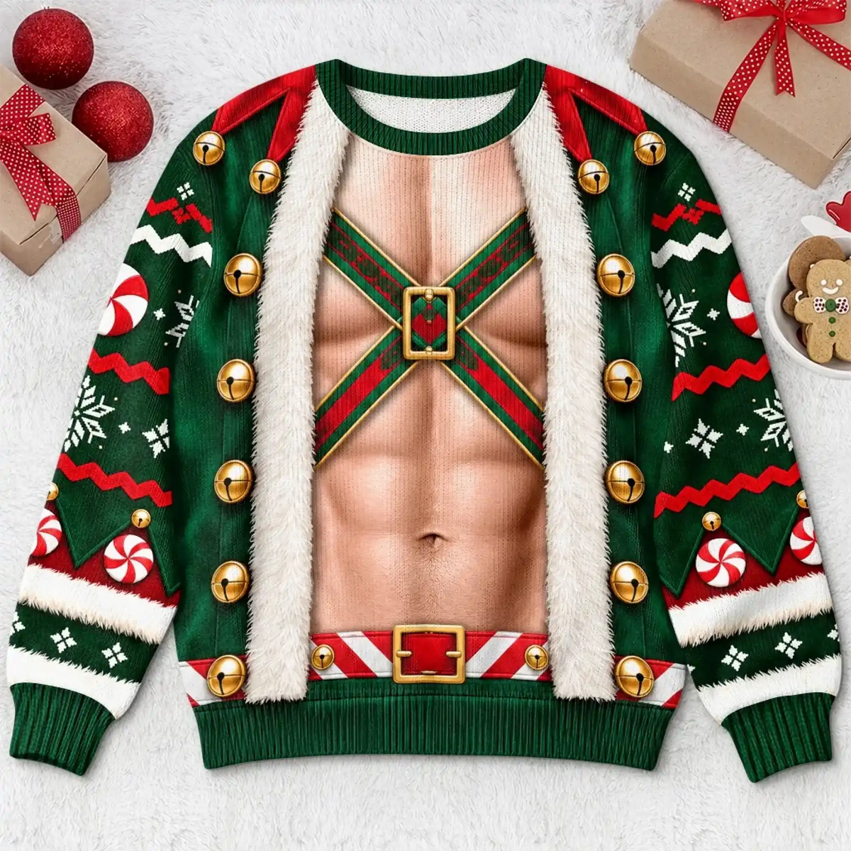 Flat front of Man-design green holiday sweatshirt with printed crossed straps