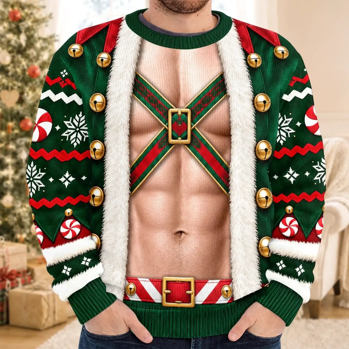 Man-design green holiday outfit sweatshirt worn with jeans