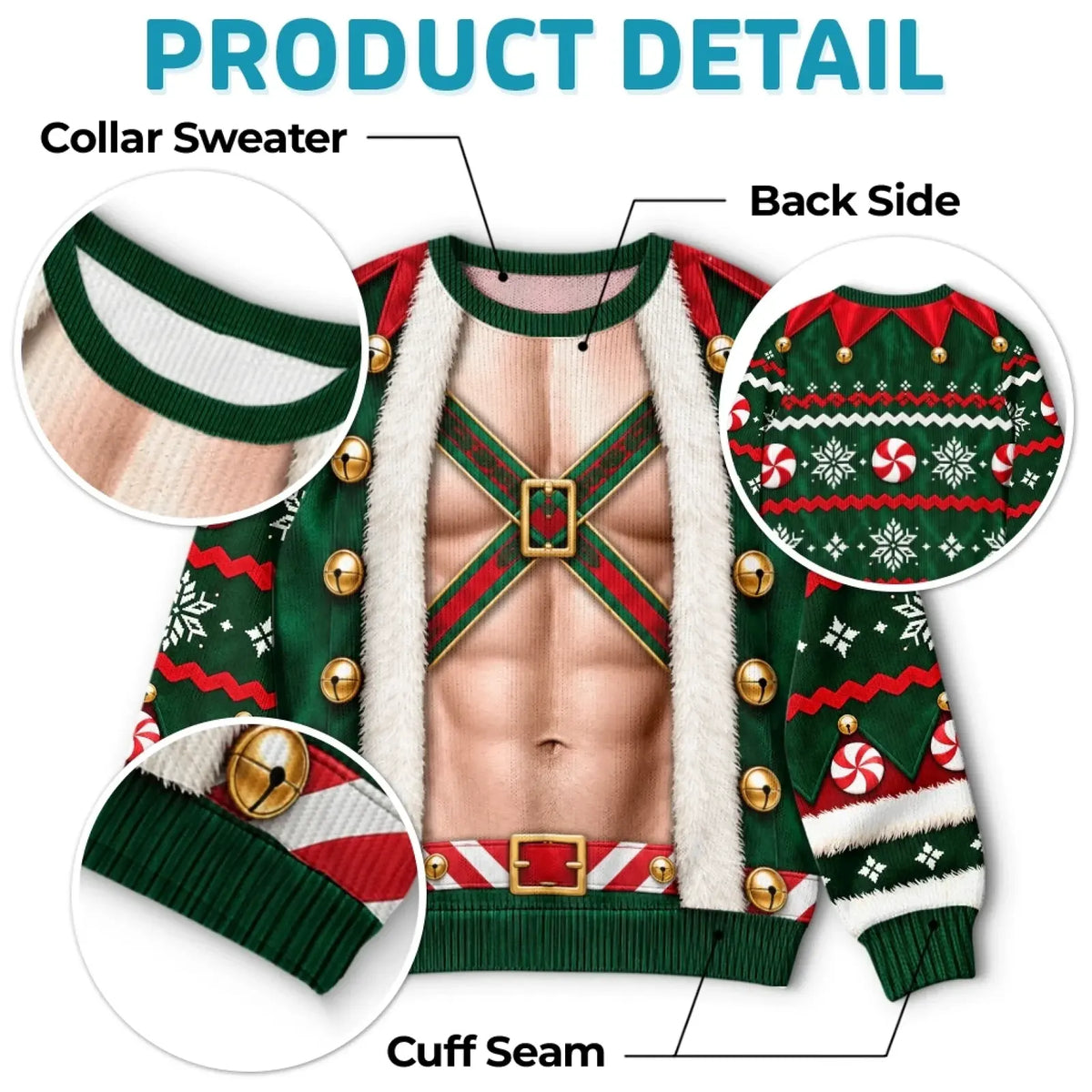 Green holiday sweatshirt detail guide showing collar, cuffs and patterned back