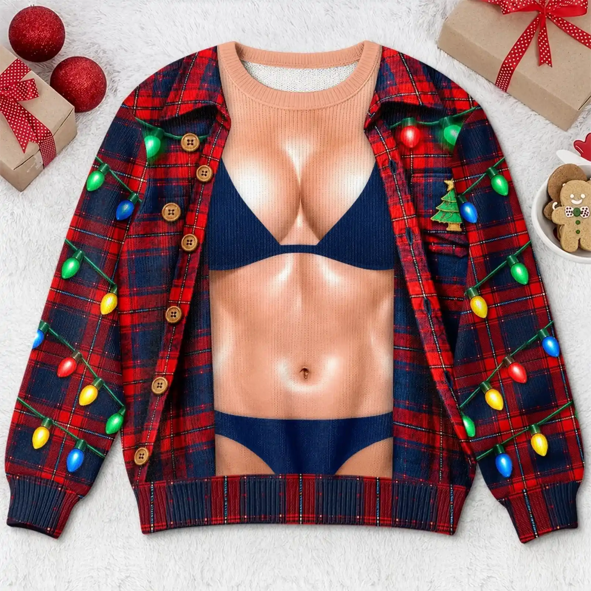 Flat front of Woman-design sweatshirt with printed blue bikini torso and red plaid shirt and colorful light-string artwork