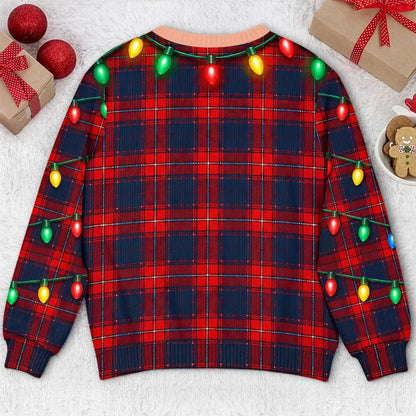 Back of Christmas sweatshirt with red plaid shirt and colorful light-string pattern