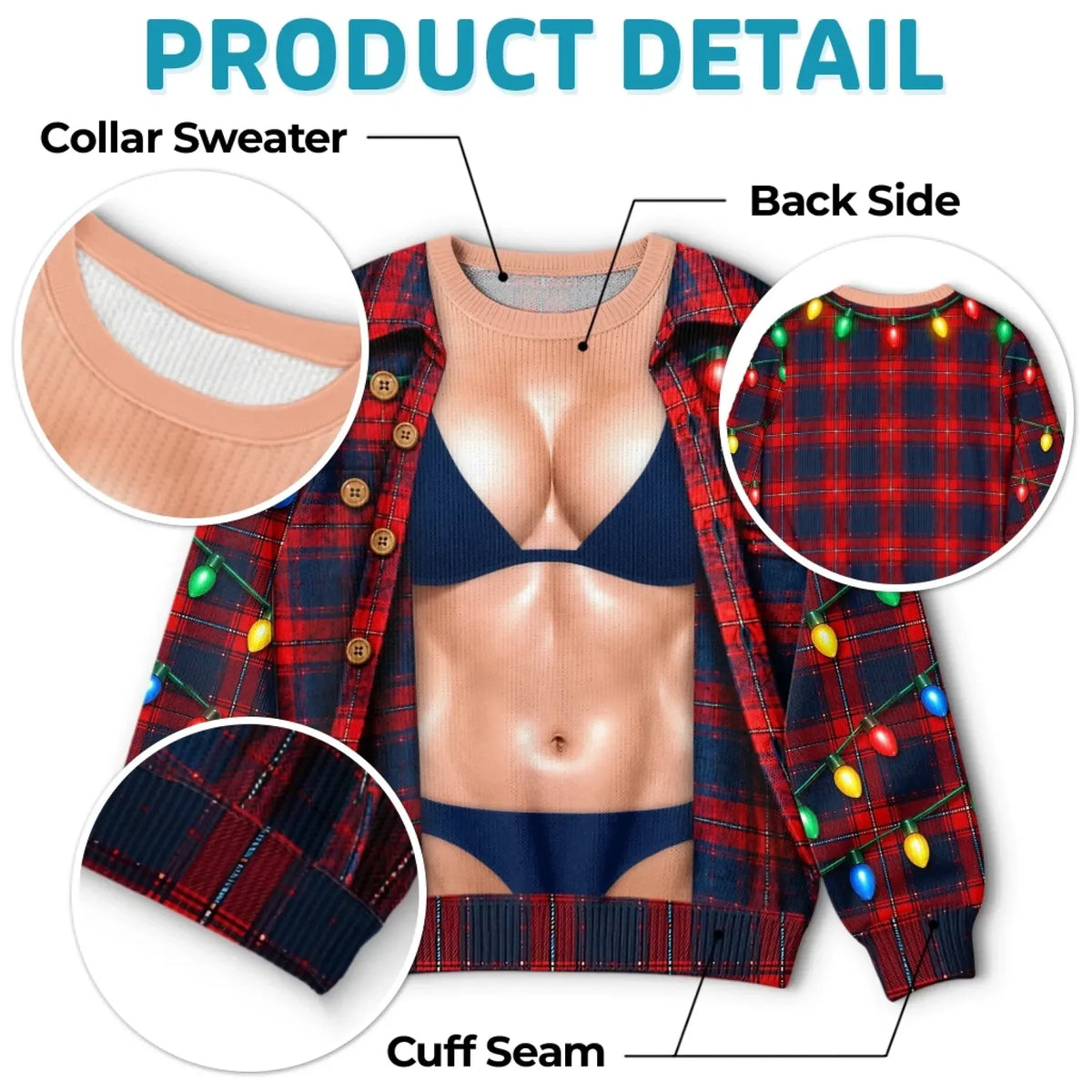 Christmas sweatshirt collar, cuffs and back detail with red plaid shirt and colorful light-string pattern