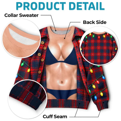 Christmas sweatshirt collar, cuffs and back detail with red plaid shirt and colorful light-string pattern