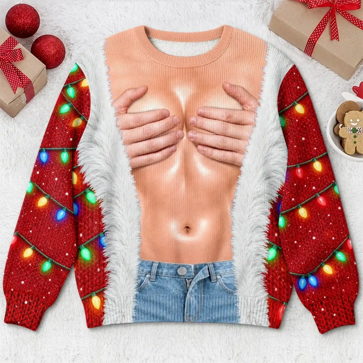 Flat front of Woman-design sweatshirt with printed hands covering a torso and red festive jacket and colorful light-string artwork