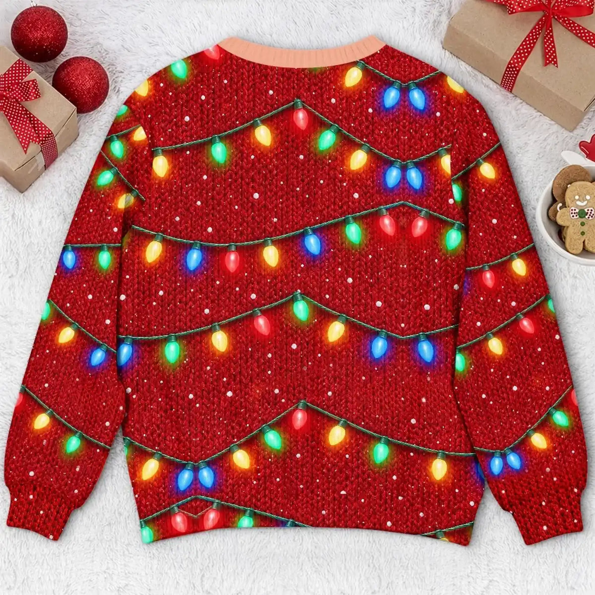 Back of Christmas sweatshirt with red festive jacket and colorful light-string pattern