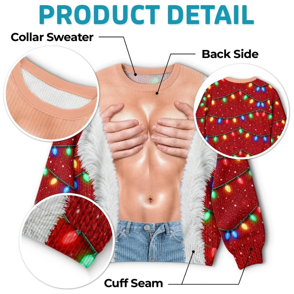 Christmas sweatshirt collar, cuffs and back detail with red festive jacket and colorful light-string pattern
