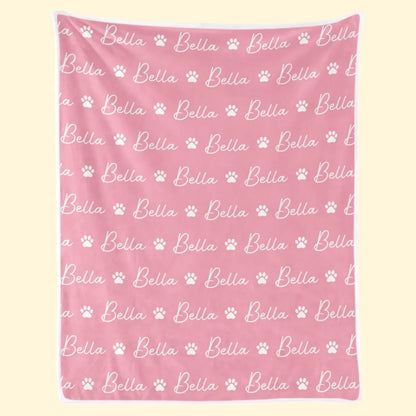 Pink paw-print and name blanket displayed flat