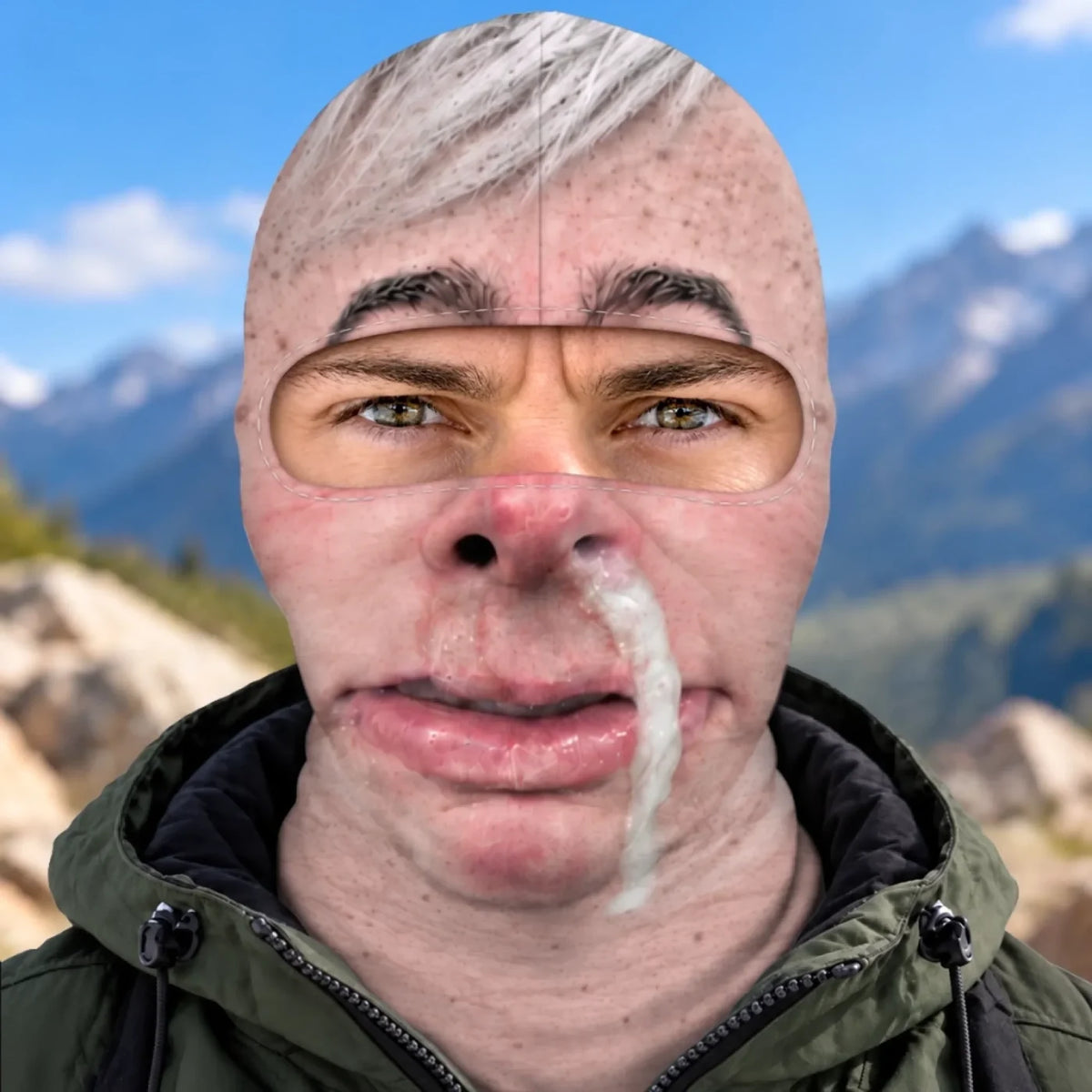 Front view of grey-haired funny-face print balaclava with oversized lips and an eye opening.