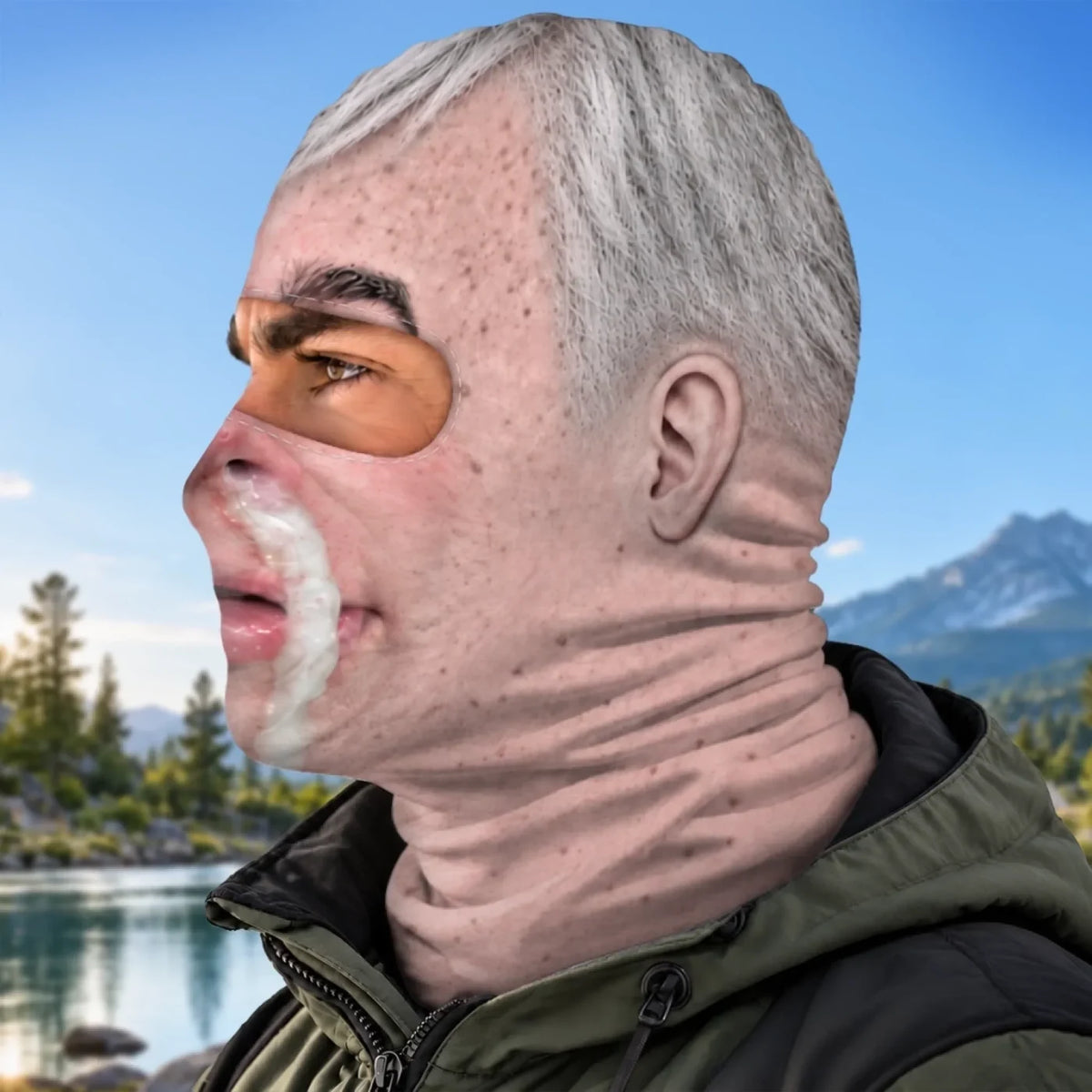 Side view of the same grey-haired funny-face print balaclava.
