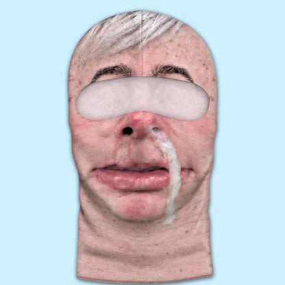 Grey-haired funny-face print balaclava laid flat, showing the eye opening and fixed artwork.
