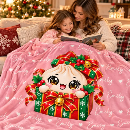 Pink gift-box dumpling Christmas blanket with example repeated name