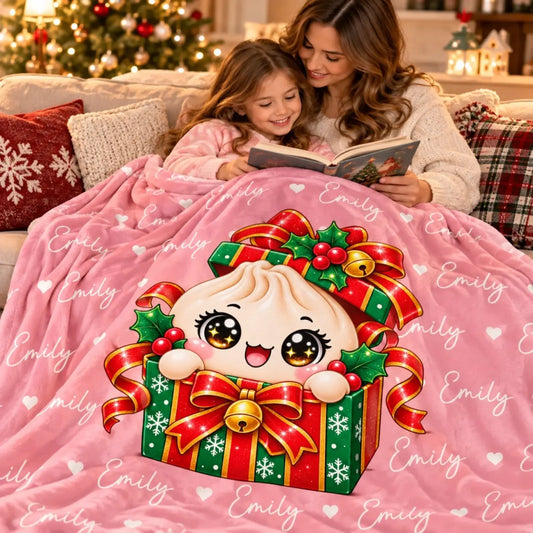 Pink gift-box dumpling Christmas blanket with example repeated name