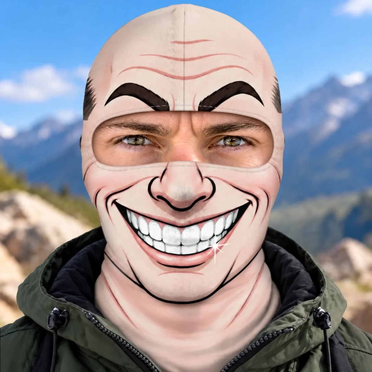 Front view of bald-top cartoon face balaclava with a wide printed toothy grin.