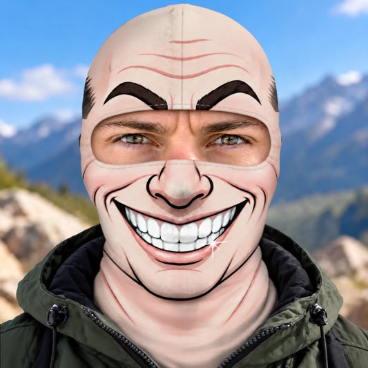 Front view of bald-top cartoon face balaclava with a wide printed toothy grin.