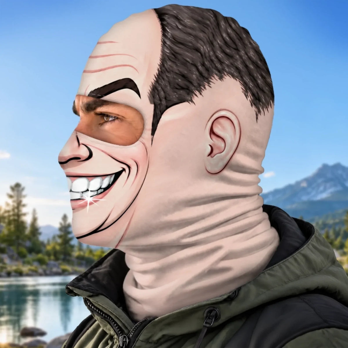 Side view of the same toothy-grin balaclava, showing the printed dark side hair.